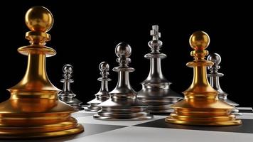 il re in battaglia gioco di scacchi si trova sulla scacchiera con sfondo nero isolato. concetto di strategia aziendale, pianificazione e decision.3d rendering. foto