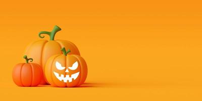 felice giorno di halloween con zucche di halloween, illustrazione 3d minima foto