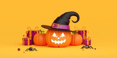 illustrazione 3d banner di jack o lantern indossare cappello da strega con confezione regalo, felice halloween foto