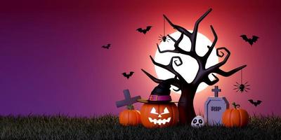 banner del giorno di halloween felice, jack o lantern nel cimitero in una notte di luna piena, illustrazione 3d foto