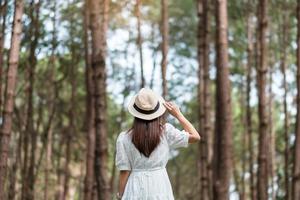 donna felice del viaggiatore in piedi e guardando una foresta di pini, turista solista in abito bianco e cappello che viaggia a pang oung, mae hong son, thailandia. concetto di viaggio, viaggio e vacanza foto