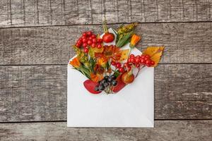 composizione floreale autunnale. piante viburno bacche di sorbo rosa canina fiori freschi foglie colorate in busta di posta su sfondo di legno. concetto di ecologia delle piante naturali di caduta. vista dall'alto piatta, mockup foto