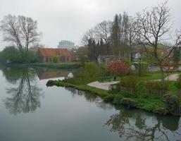 la bella scena dell'acqua riflette la riva del lago nel verde parco di brugge belgio foto