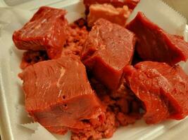 grossi pezzi di carne di manzo rossa cruda in un contenitore di schiuma foto