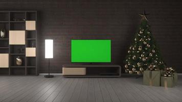 soggiorno di natale con televisione. schermo TV con uno sfondo verde vuoto. rendering 3D foto