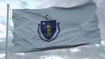 bandiera invernale del Massachusetts con sfondo di fiocchi di neve. Stati Uniti d'America. rendering 3D foto