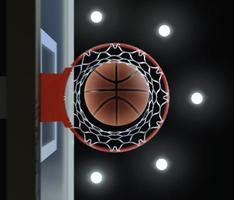 Rendering 3d di pallacanestro sul cerchio e illuminazione dallo stadio del baldacchino foto