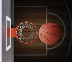 un giocatore lancia un pallone da basket verso la rete e cerca di ottenere un punteggio, vista dall'alto. rendering 3d foto