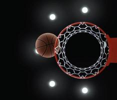 Rendering 3d di pallacanestro sul cerchio e illuminazione dallo stadio del baldacchino foto
