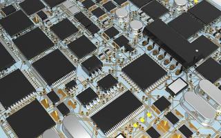 chip del processore su un circuito stampato con retroilluminazione rossa. illustrazione 3d sul tema della tecnologia e del potere dell'intelligenza artificiale. foto