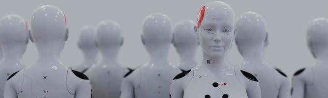 gruppo di robot nell'immagine femminile in piedi in file concetto di intelligenza artificiale e robotica foto