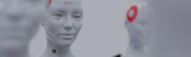 gruppo di robot nell'immagine femminile in piedi in file concetto di intelligenza artificiale e robotica foto