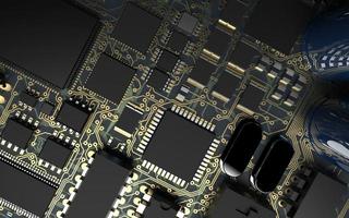 chip del processore su un circuito stampato con retroilluminazione rossa. illustrazione 3d sul tema della tecnologia e del potere dell'intelligenza artificiale. foto