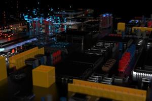 circuito stampato con microchip, processori e altre parti di computer su sfondo scuro. rendering 3d foto