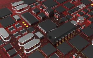 chip del processore su un circuito stampato con retroilluminazione rossa. illustrazione 3d sul tema della tecnologia e del potere dell'intelligenza artificiale. foto