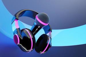 microfono, modello di forma rotonda e cuffie wireless su sfondo blu, illustrazione 3d realistica. premio musicale, karaoke, radio e apparecchiature audio per studi di registrazione foto