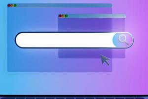 cornice di ricerca dell'illustrazione 3d, casella, barra web con icona della lente d'ingrandimento su sfondo viola. ricerca Internet foto