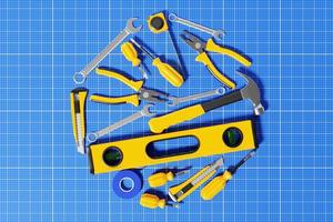 Illustrazione 3d di uno strumento manuale per la riparazione e il livello di costruzione, cacciavite, martello, pinze, metro a nastro. set di strumenti foto