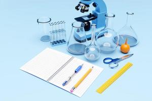 illustrazione 3d di un set di strumenti da laboratorio e un microscopio. ricerca di laboratorio chimico su sfondo blu foto