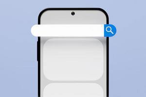 Illustrazione 3d di un telefono cellulare con una barra di ricerca su sfondo bianco. ricerca in Internet tramite smartphone. foto