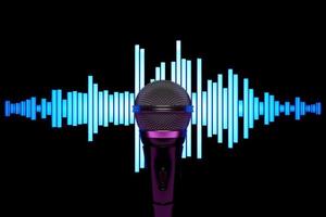 microfono d'argento, modello sullo sfondo delle linee dell'equalizzatore, illustrazione 3d realistica. premio musicale, karaoke, radio e apparecchiature audio per studi di registrazione foto