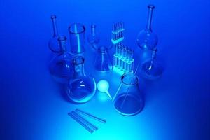 illustrazione 3d apparecchiature in vetro da laboratorio, provette e flaconi su sfondo blu. vetreria da laboratorio per la ricerca medica o scientifica. boccette vuote, bicchieri. foto