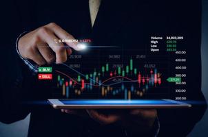 business grafico del mercato azionario utilizzando un tablet per analizzare i dati di trading online. grafico forex finanziario e investimento su un concetto di schermo virtuale. foto