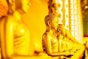 primo piano fila di statua dorata del buddha, religione della cultura del tempio dell'asia.