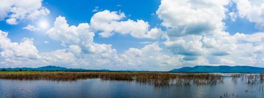 vista panoramica della bellissima diga e montagne con cielo blu sullo sfondo naturale. foto