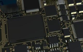 chip del processore su un circuito stampato con retroilluminazione rossa. illustrazione 3d sul tema della tecnologia e del potere dell'intelligenza artificiale. foto