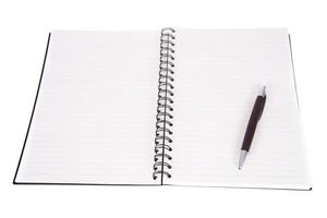 fogli a righe di quaderno aperto in bianco con la penna foto
