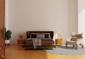 parete mockup con letto in camera da letto con una parete moderna camera da letto con letto. letto e piante con parete. copia spazio. rendering 3D. foto