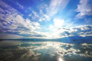 kwan phayao un lago nella provincia di phayao, nel nord della thailandia. riprese con la regola dei terzi tra fiume, nuvola e cielo. foto