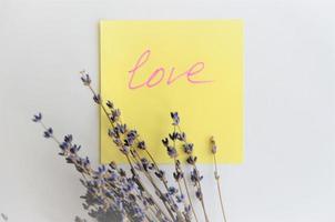 cartolina con la scritta amore e fiori di lavanda foto