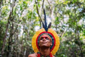 indiano della tribù pataxo, con copricapo di piume. giovane indiano brasiliano che guarda a sinistra. concentrarsi sul viso foto