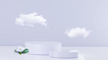 mockup di podio pubblicitario per prodotti cosmetici e cosmetici a 2 fasi bianco con sfondo a colori tenui e nuvole bianche e immagine di rendering 3d di fiori realistici. foto