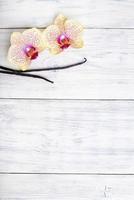 fiori di orchidea con baccelli di vaniglia su fondo di legno. copia spazio. foto