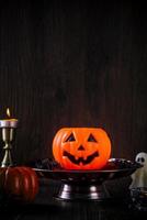 primo piano di spaventosi trucchi di Halloween, decorazioni per festival horror. foto