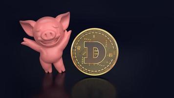 maiale di colore rosa con moneta digitale doge. criptovaluta doge il nuovo denaro virtuale primo piano 3d rendering di golden dogecoin foto