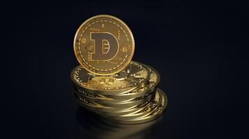 pila di monete doge in cima alla valuta digitale bitcoin. criptovaluta doge il nuovo denaro virtuale primo piano 3d rendering di golden dogecoin foto