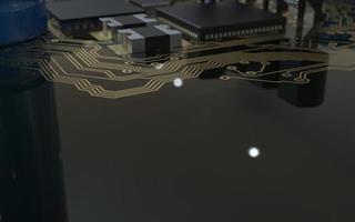 chip del processore su un circuito stampato con retroilluminazione rossa. illustrazione 3d sul tema della tecnologia e del potere dell'intelligenza artificiale. foto