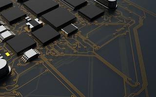 chip del processore su un circuito stampato con retroilluminazione rossa. illustrazione 3d sul tema della tecnologia e del potere dell'intelligenza artificiale. foto