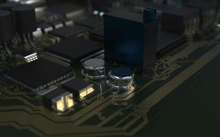 chip del processore su un circuito stampato con retroilluminazione rossa. illustrazione 3d sul tema della tecnologia e del potere dell'intelligenza artificiale. foto