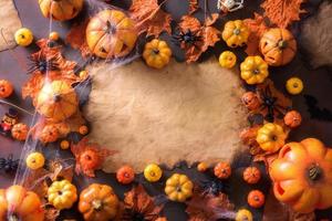 decorazione di halloween sulla vista superiore del vecchio fondo di struttura della carta con lo spazio della copia foto