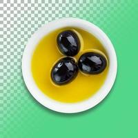 olive nere fresche in una ciotola su uno sfondo trasparente. foto