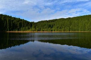 paesaggio con alberi che si riflettono nelle acque del lago foto