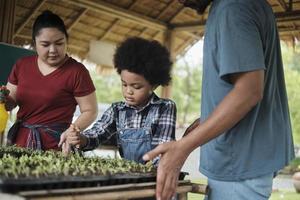 La famiglia di agricoltori afroamericani insegna al figlio a piantare piantine in appezzamenti di vivai per l'orto per l'apprendimento dell'ecologia della natura, hobby del giardiniere biologico, felice insieme all'agricoltura infantile. foto