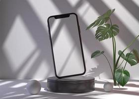 Smartphone con schermo bianco con rendering 3d sul podio per l'illustrazione del mockup foto