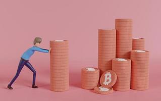 uomo d'affari di cartoni animati che spinge una pila di monete in un'altra pila, concetto finanziario, risparmio di denaro, illustrazione di rendering 3d, concetto di crescita bitcoin. foto