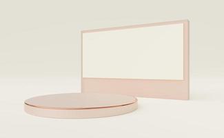 podio del cilindro rosa antico e sfondo beige dello spazio della copia dell'insegna. piedistallo e schermo pubblicitario vuoto bianco con bordo in rame. spazio mockup per la visualizzazione del design del prodotto. rendering 3D. foto